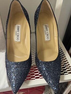 Jimmy Choo Navy Glitter Pointed-Toe Pumps